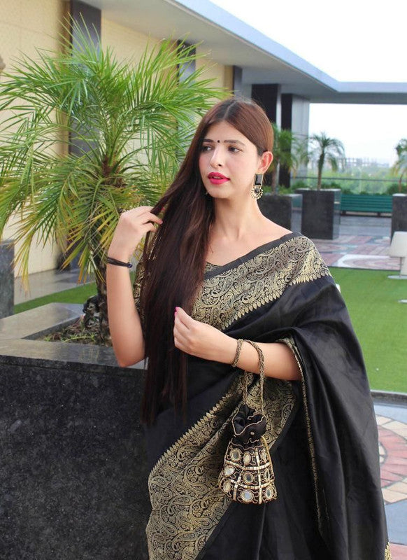 NOZ2TOZ Women Banarasi Silk Woven Saree With Blouse Piece - Black - Distacart