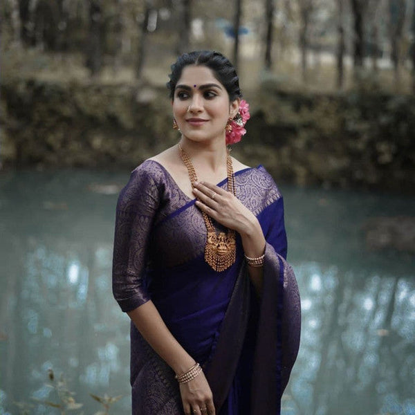 NOZ2TOZ Women Banarasi Silk Woven Saree With Blouse Piece - Navy Blue - Distacart