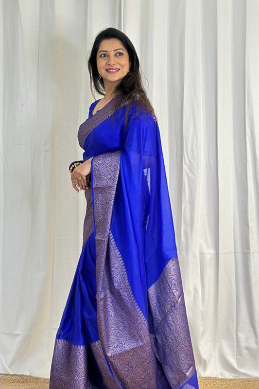 Malishka Banarasi Silk Woven Saree With Blouse Piece - Royal Blue - Distacart