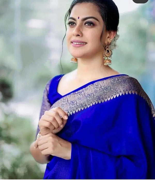 Malishka Banarasi Silk Woven Saree With Blouse Piece - Royal Blue - Distacart