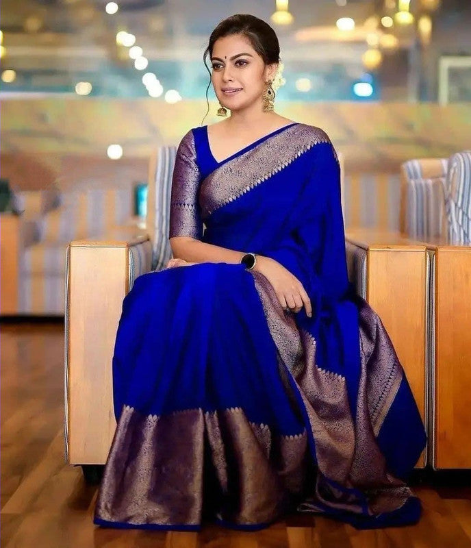 Malishka Banarasi Silk Woven Saree With Blouse Piece - Royal Blue - Distacart