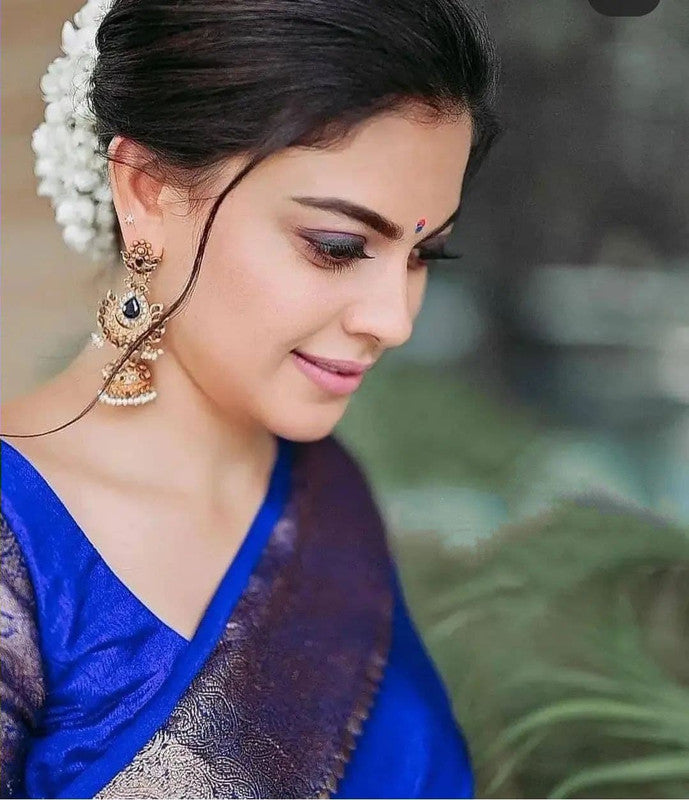 Malishka Banarasi Silk Woven Saree With Blouse Piece - Royal Blue - Distacart