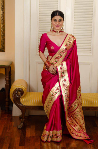 NOZ2TOZ Women Banarasi Silk Woven Saree With Blouse Piece - Pink - Distacart