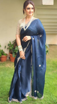 Thumbnail for Malishka Georgette Silk Embroidery Saree With Blouse Piece - Navy Blue - Distacart