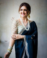 Thumbnail for Malishka Georgette Silk Embroidery Saree With Blouse Piece - Navy Blue - Distacart