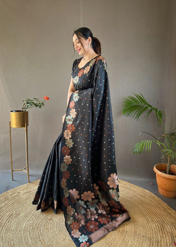 Malishka Banarasi Silk Jacquard Rich Pallu Black Saree With Blouse Piece - Distacart