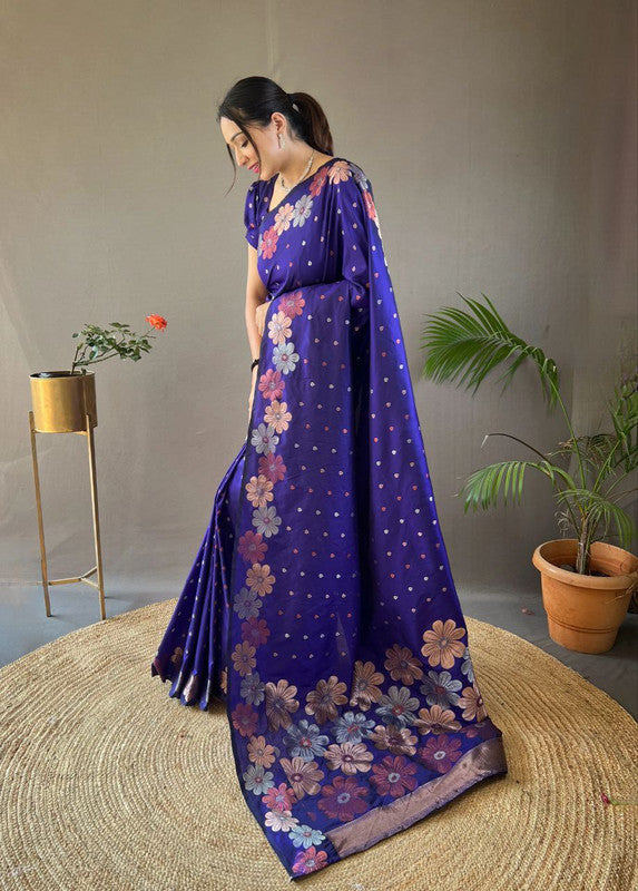 Malishka Banarasi Silk Jacquard Rich Pallu Blue Saree With Blouse Piece - Distacart