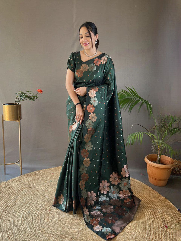 Malishka Banarasi Silk Jacquard Rich Pallu Green Saree With Blouse Piece - Distacart