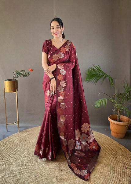 Malishka Banarasi Silk Jacquard Rich Pallu Maroon Saree With Blouse Piece - Distacart