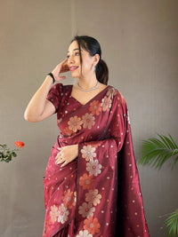 Thumbnail for Malishka Banarasi Silk Jacquard Rich Pallu Maroon Saree With Blouse Piece - Distacart