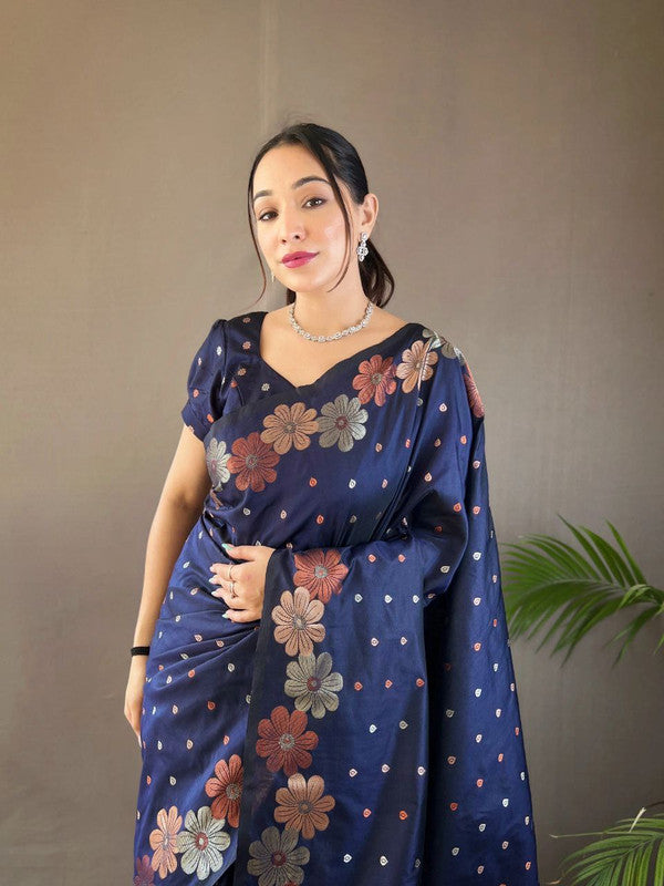 Malishka Banarasi Silk Jacquard Rich Pallu Navy Saree With Blouse Piece - Distacart