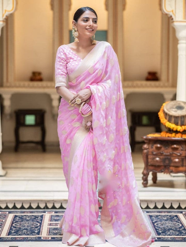 Malishka Cotton Silk Jacquard Rich Pallu Saree With Blouse Piece - Baby Pink - Distacart