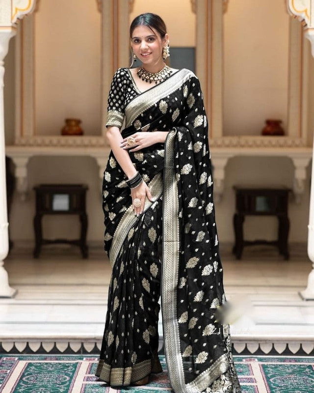Malishka Cotton Silk Jacquard Rich Pallu Saree With Blouse Piece - Black - Distacart