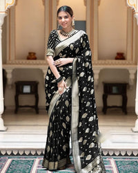 Thumbnail for Malishka Cotton Silk Jacquard Rich Pallu Saree With Blouse Piece - Black - Distacart