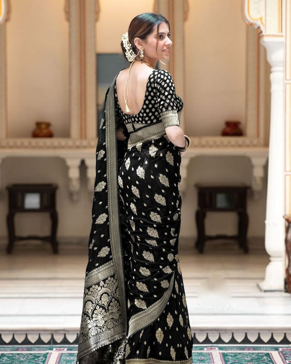 Malishka Cotton Silk Jacquard Rich Pallu Saree With Blouse Piece - Black - Distacart