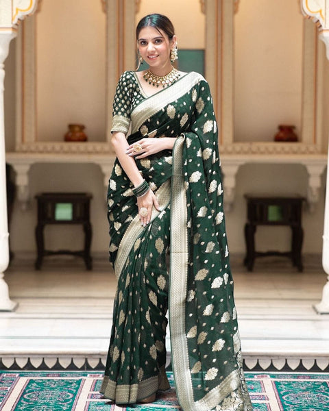 Malishka Cotton Silk Jacquard Rich Pallu Saree With Blouse Piece - Green - Distacart