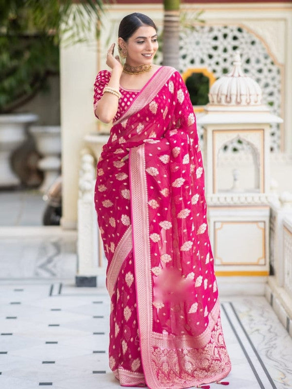 Malishka Cotton Silk Jacquard Rich Pallu Saree With Blouse Piece - Pink - Distacart