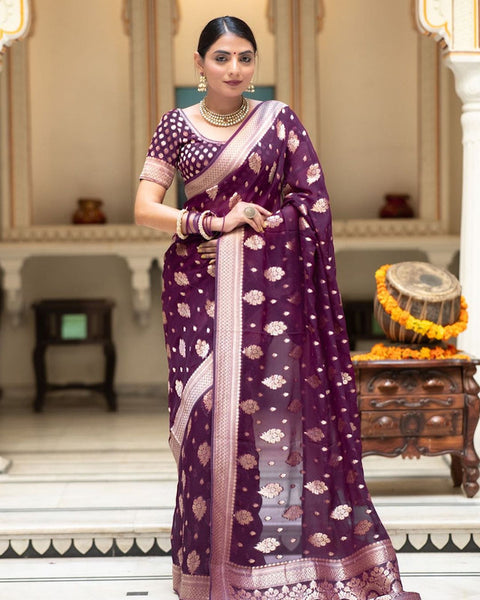 Malishka Cotton Silk Jacquard Rich Pallu Saree With Blouse Piece - Purple - Distacart