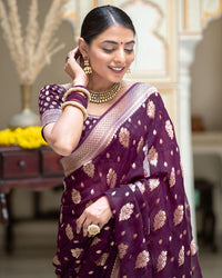 Thumbnail for Malishka Cotton Silk Jacquard Rich Pallu Saree With Blouse Piece - Purple - Distacart