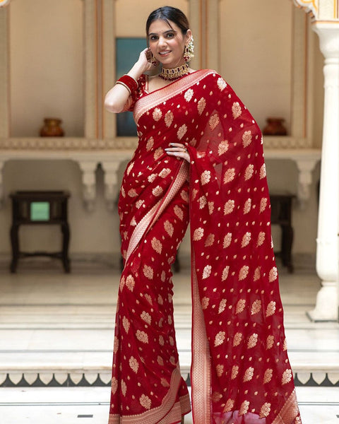 Malishka Cotton Silk Jacquard Rich Pallu Saree With Blouse Piece - Red - Distacart