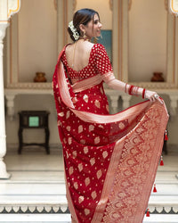 Thumbnail for Malishka Cotton Silk Jacquard Rich Pallu Saree With Blouse Piece - Red - Distacart
