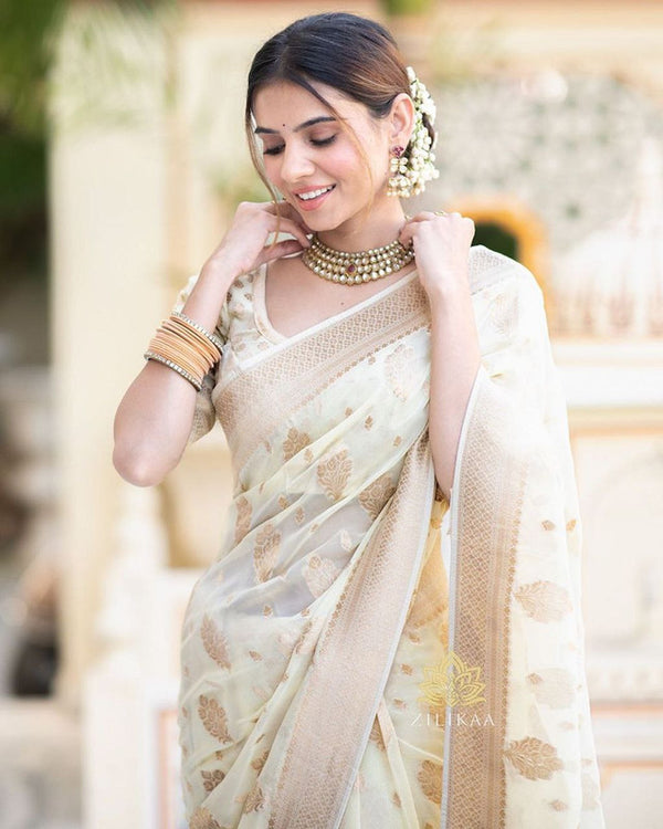 Malishka Cotton Silk Jacquard Rich Pallu Saree With Blouse Piece - White - Distacart