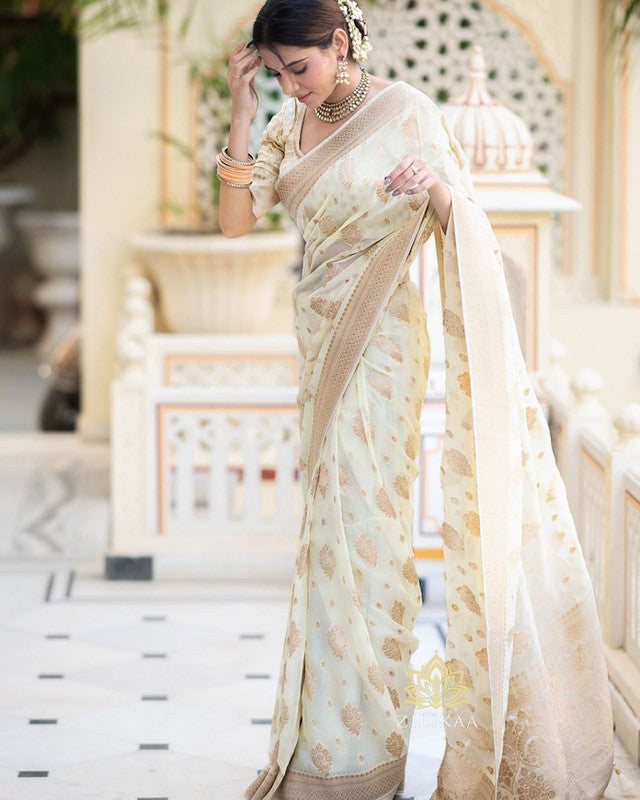 Malishka Cotton Silk Jacquard Rich Pallu Saree With Blouse Piece - White - Distacart