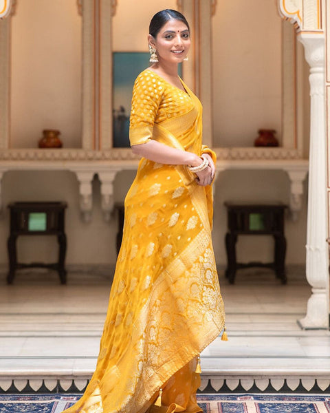 Malishka Cotton Silk Jacquard Rich Pallu Saree With Blouse Piece - Yellow - Distacart