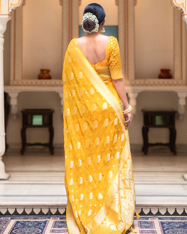 Malishka Cotton Silk Jacquard Rich Pallu Saree With Blouse Piece - Yellow - Distacart