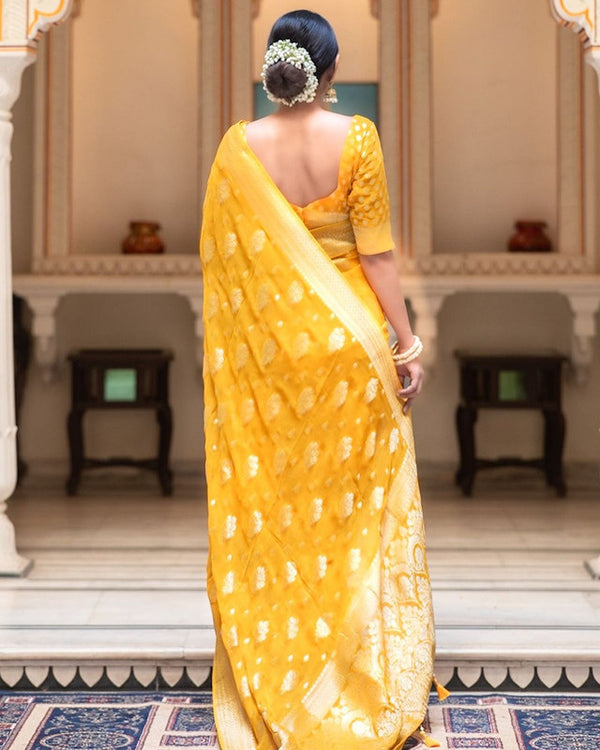 Malishka Cotton Silk Jacquard Rich Pallu Saree With Blouse Piece - Yellow - Distacart
