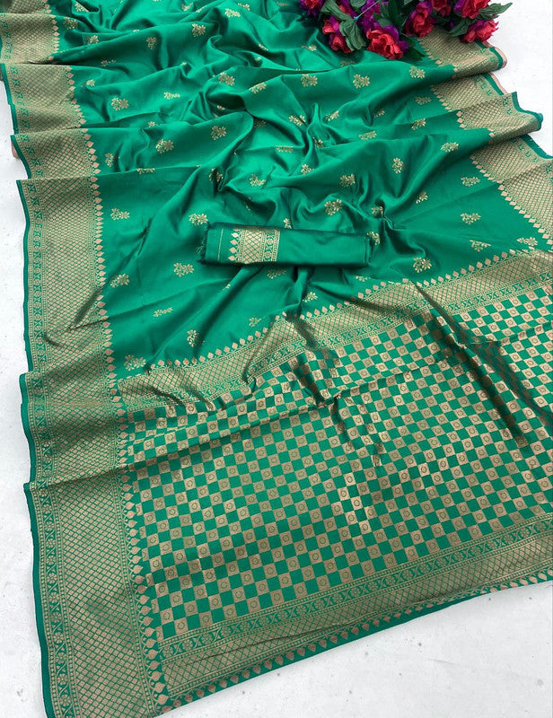 Malishka Silk Jacquard Rich Pallu Saree With Blouse Piece - Green - Distacart