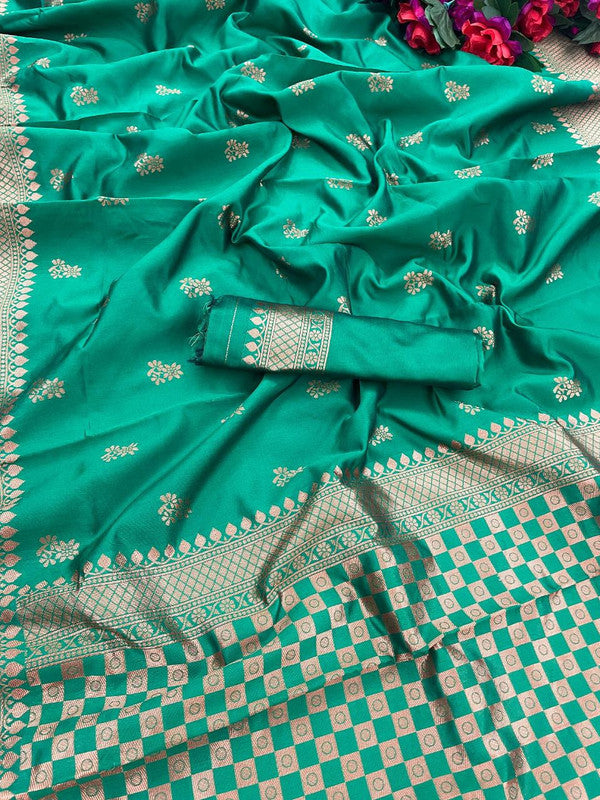 Malishka Silk Jacquard Rich Pallu Saree With Blouse Piece - Green - Distacart