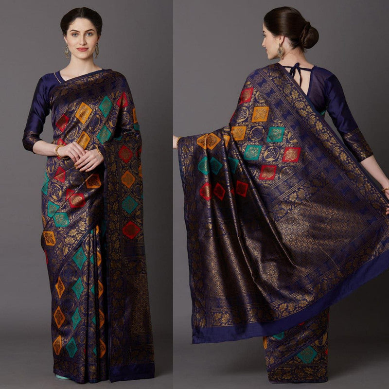 Malishka Silk Jacquard Rich Pallu Saree With Blouse Piece - Navy Blue - Distacart