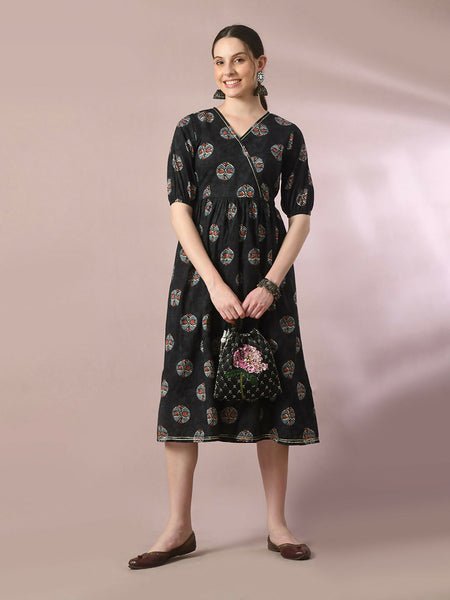 Myshka Women's Black Printed Cotton V-Neck Empire Party Dress - Distacart