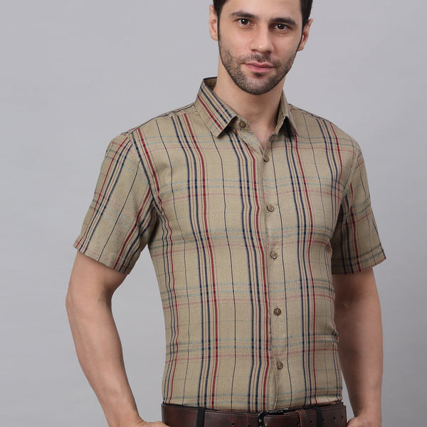 Jainish Men's Brown Half Sleeve Checked Formal Shirt - Distacart