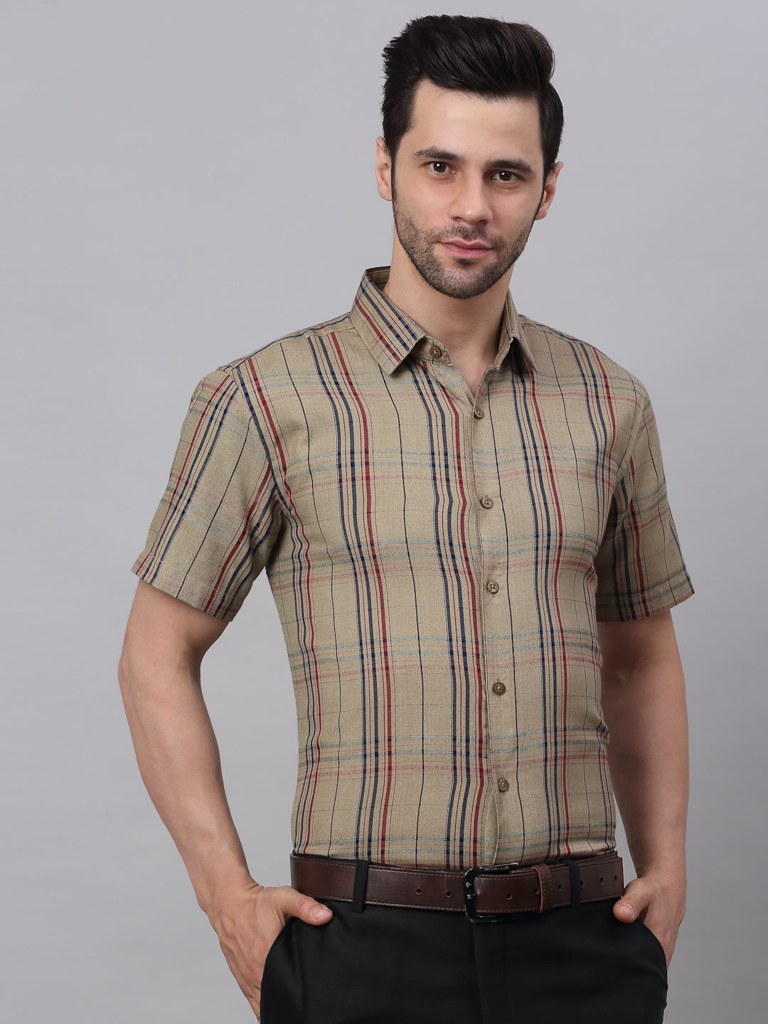 Jainish Men's Brown Half Sleeve Checked Formal Shirt - Distacart