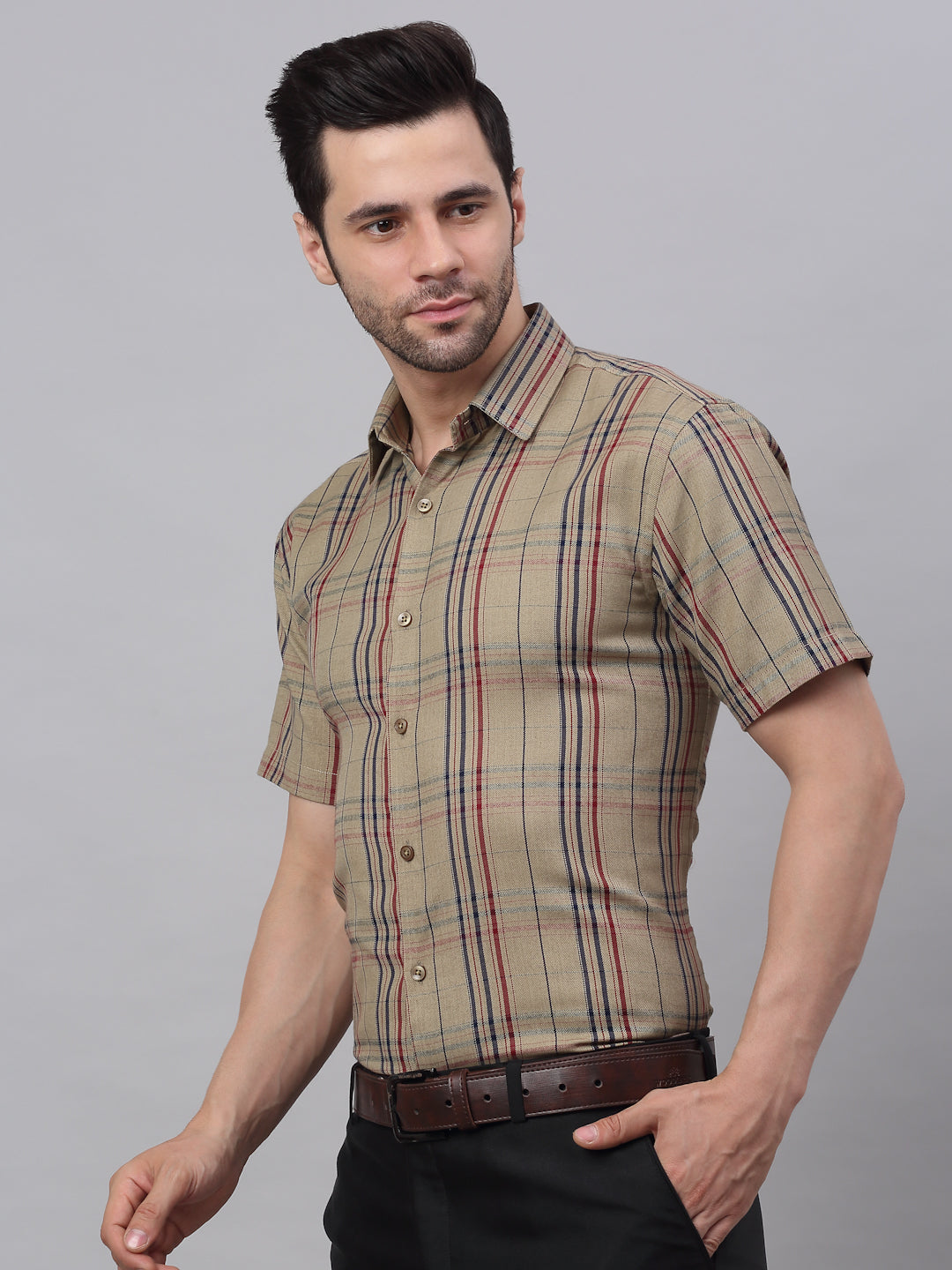 Jainish Men's Brown Half Sleeve Checked Formal Shirt - Distacart