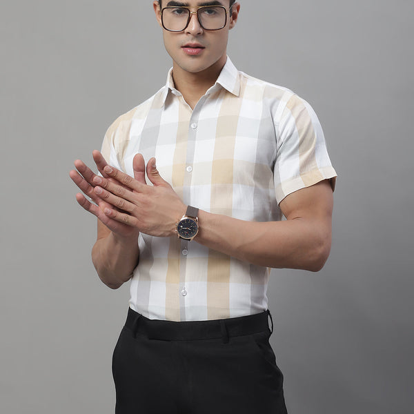 Jainish Men's Pure Cotton Checked Formal Shirts - Cream - Distacart