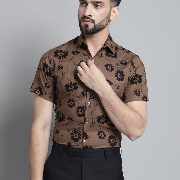 Jainish Men's Floral Printed Formal Shirt - Brown - Distacart