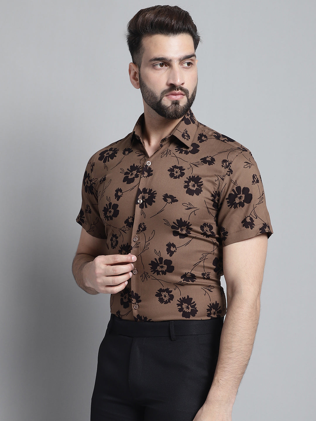Jainish Men's Floral Printed Formal Shirt - Brown - Distacart