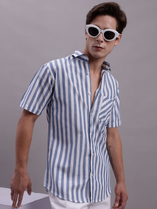 Jainish Men's Blue Vertical Striped Half Sleeve Casual Shirt - Distacart
