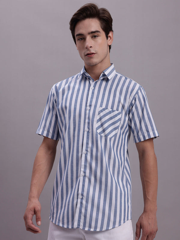 Jainish Men's Blue Vertical Striped Half Sleeve Casual Shirt - Distacart
