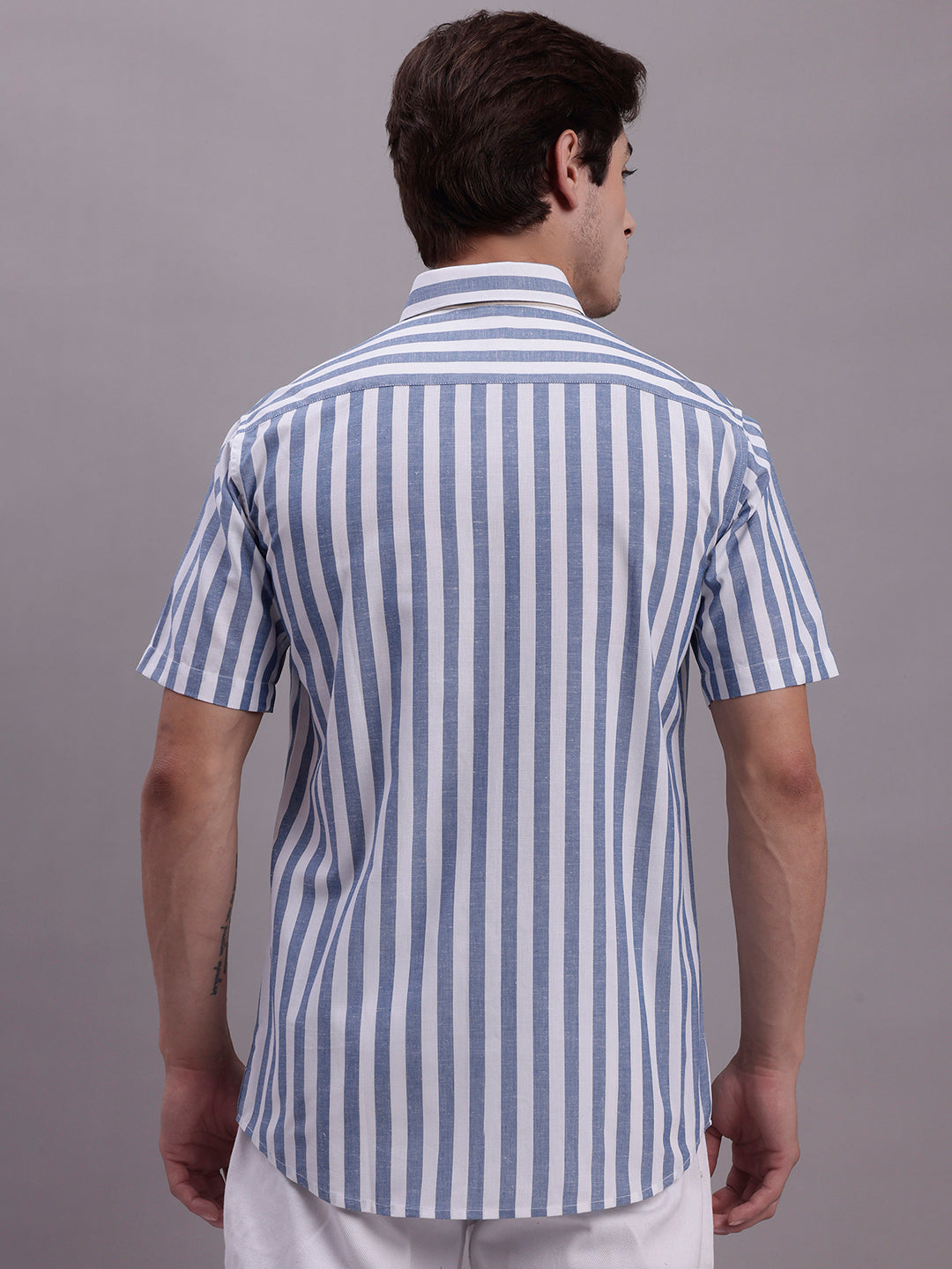 Jainish Men's Blue Vertical Striped Half Sleeve Casual Shirt - Distacart