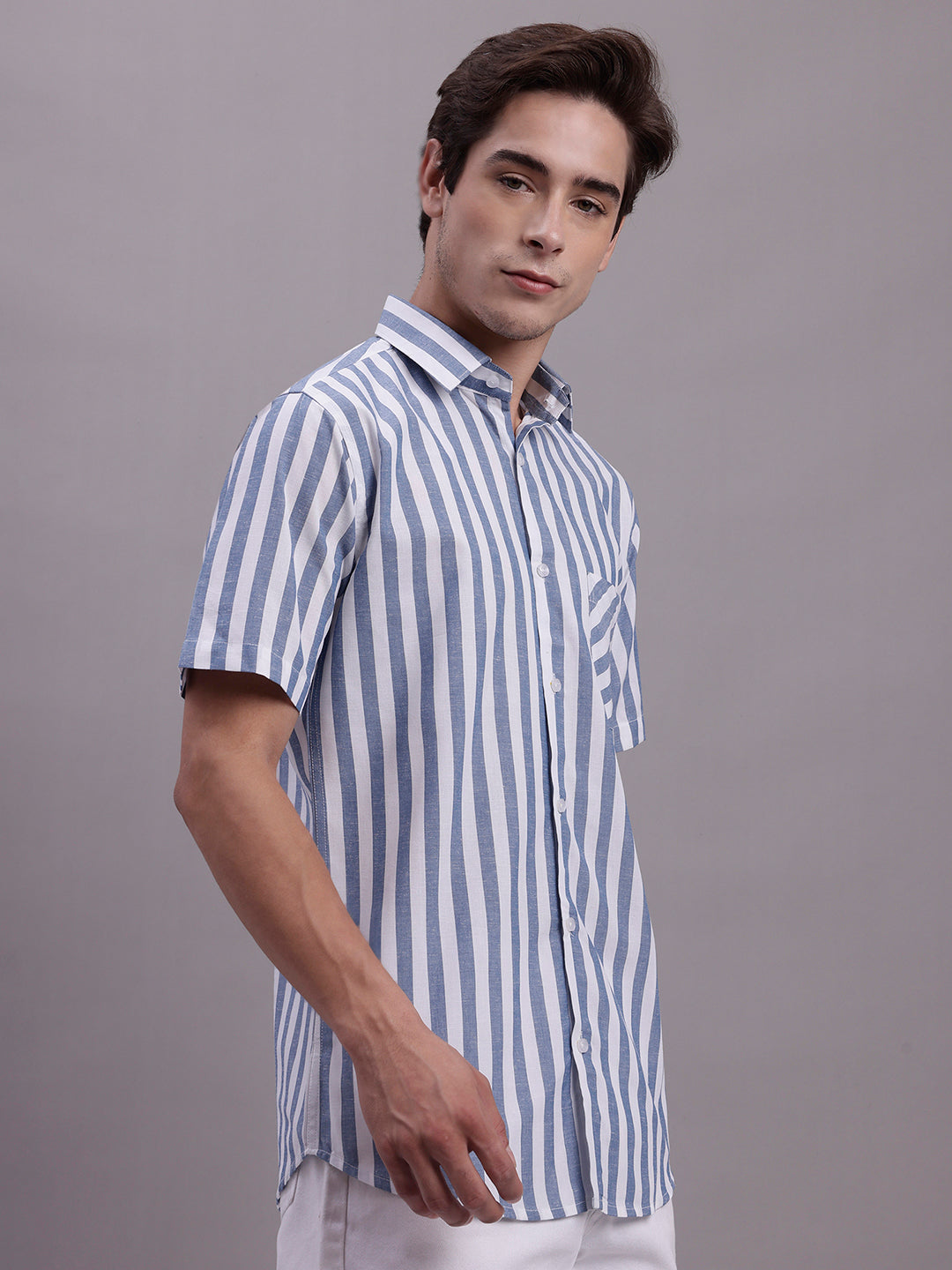 Jainish Men's Blue Vertical Striped Half Sleeve Casual Shirt - Distacart