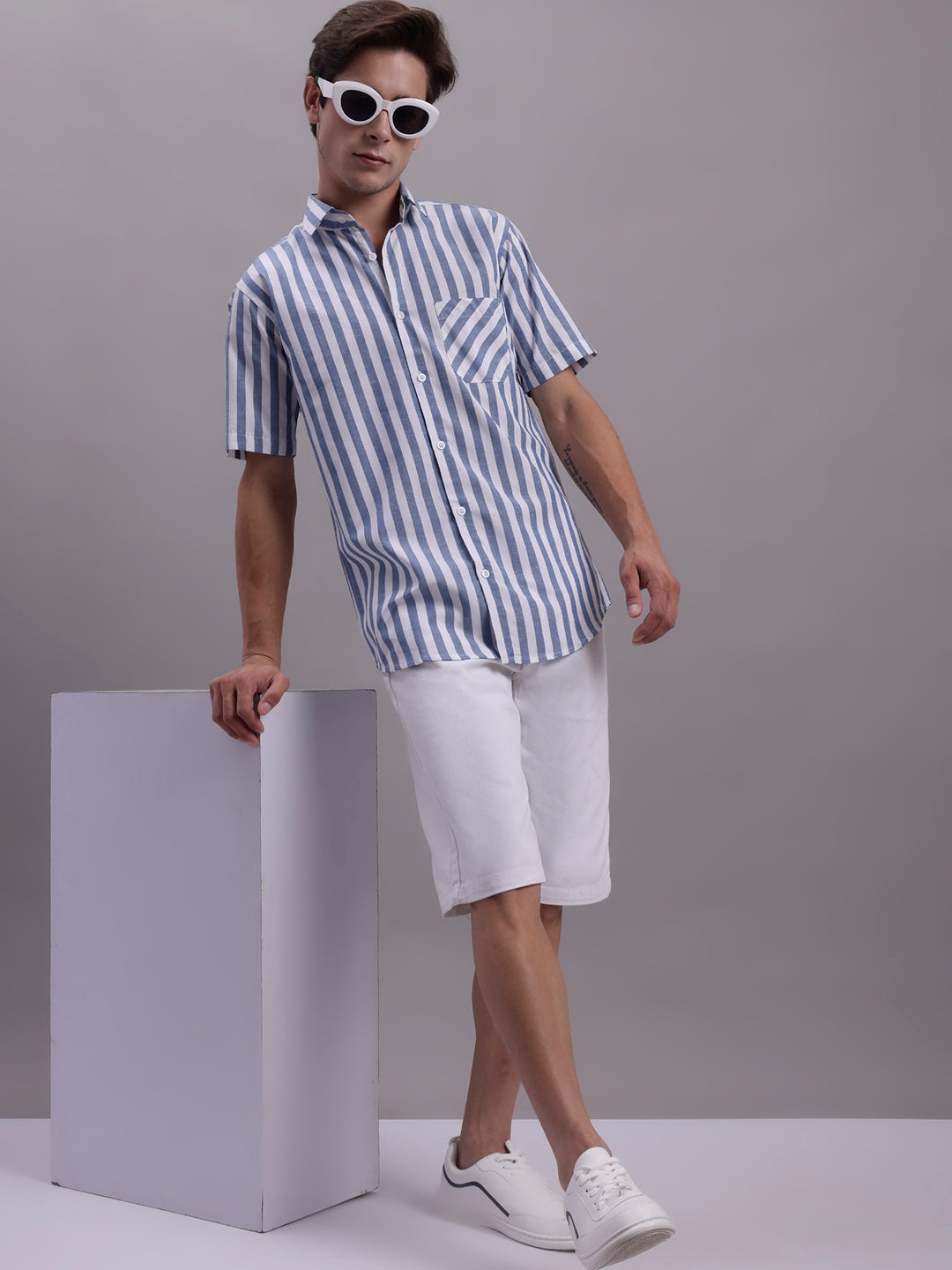 Jainish Men's Blue Vertical Striped Half Sleeve Casual Shirt - Distacart