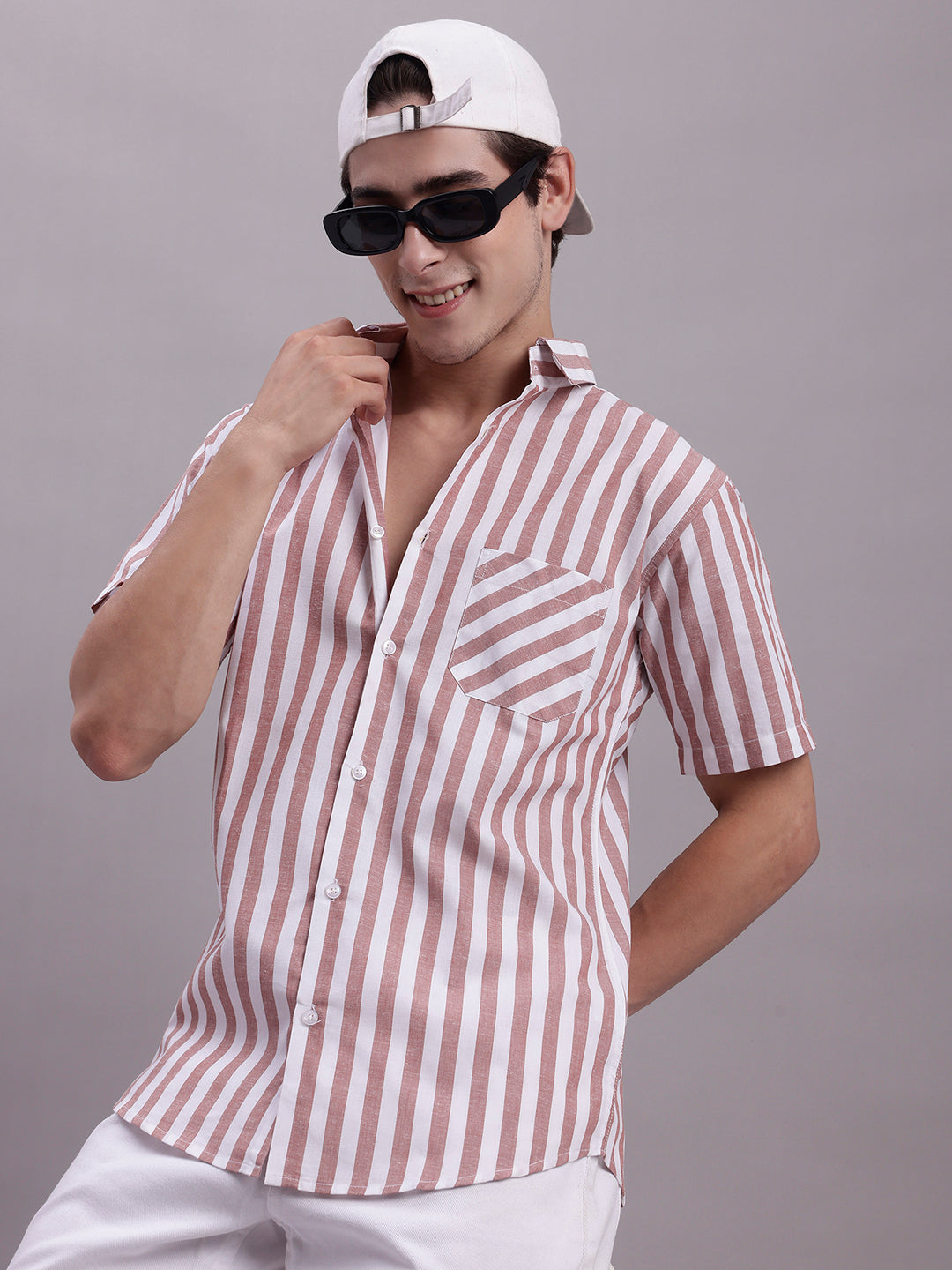 Jainish Men's Red Vertical Striped Half Sleeve Casual Shirt - Distacart