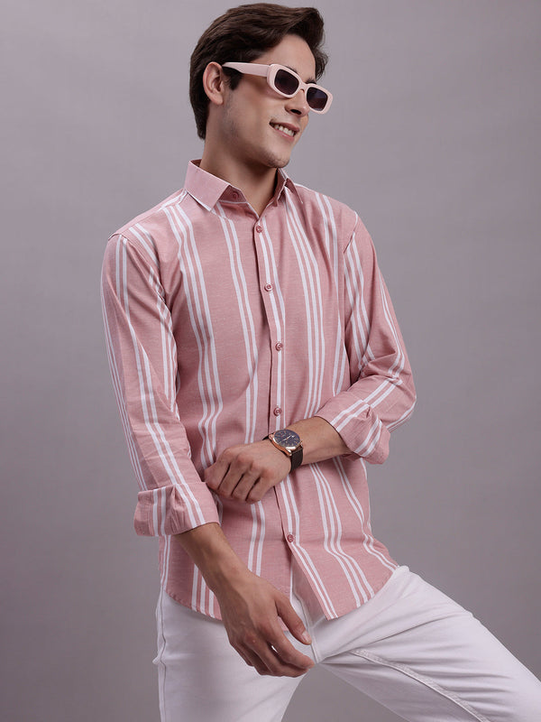 Jainish Men's Striped Casual Shirt - Coral - Distacart