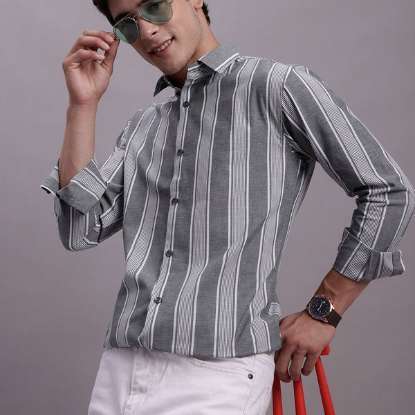 Jainish Men's Striped Casual Shirt - Grey - Distacart