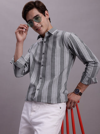 Jainish Men's Striped Casual Shirt - Grey - Distacart