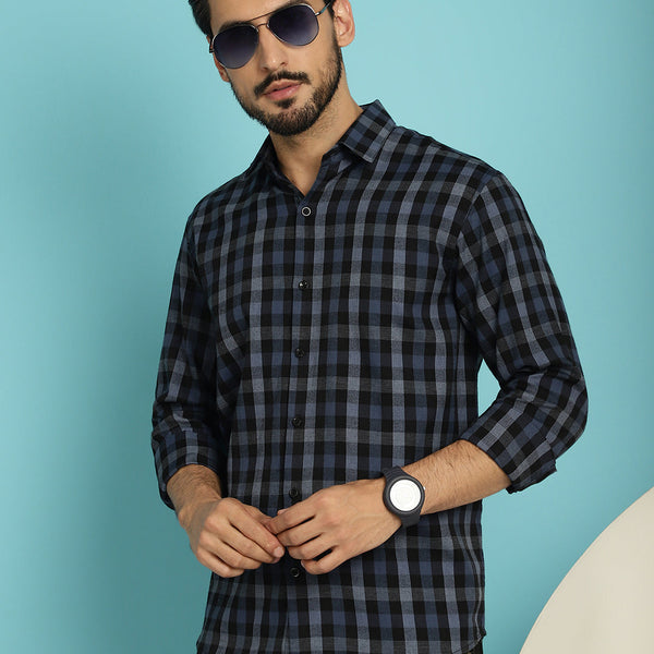 Indian Needle Men's Checked Casual Shirt - Navy Blue - Distacart